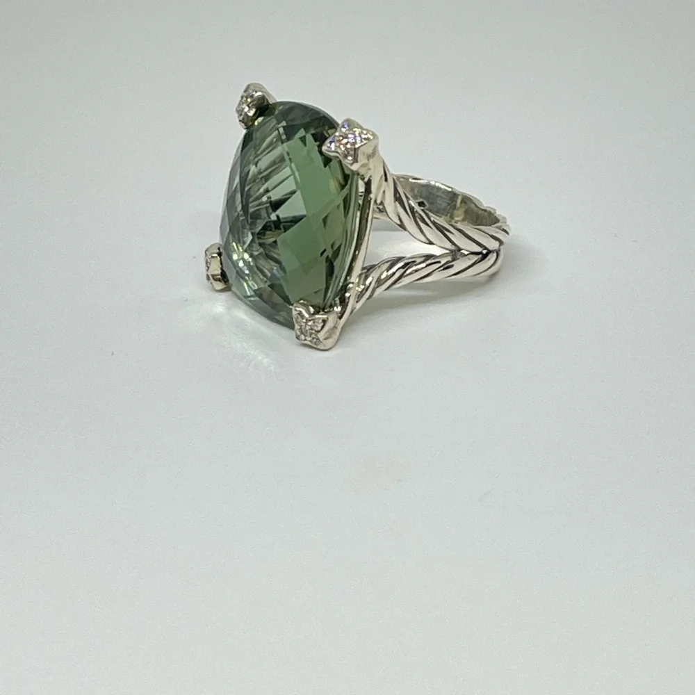 David Yurman Cushion On Point ring in silver, diamonds and prasiolite - Picture 5 of 13
